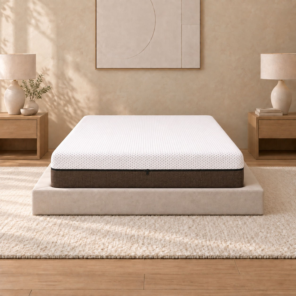 Colchão Grand-Hybrid 138x188 cm frontal. Base cenográfica.