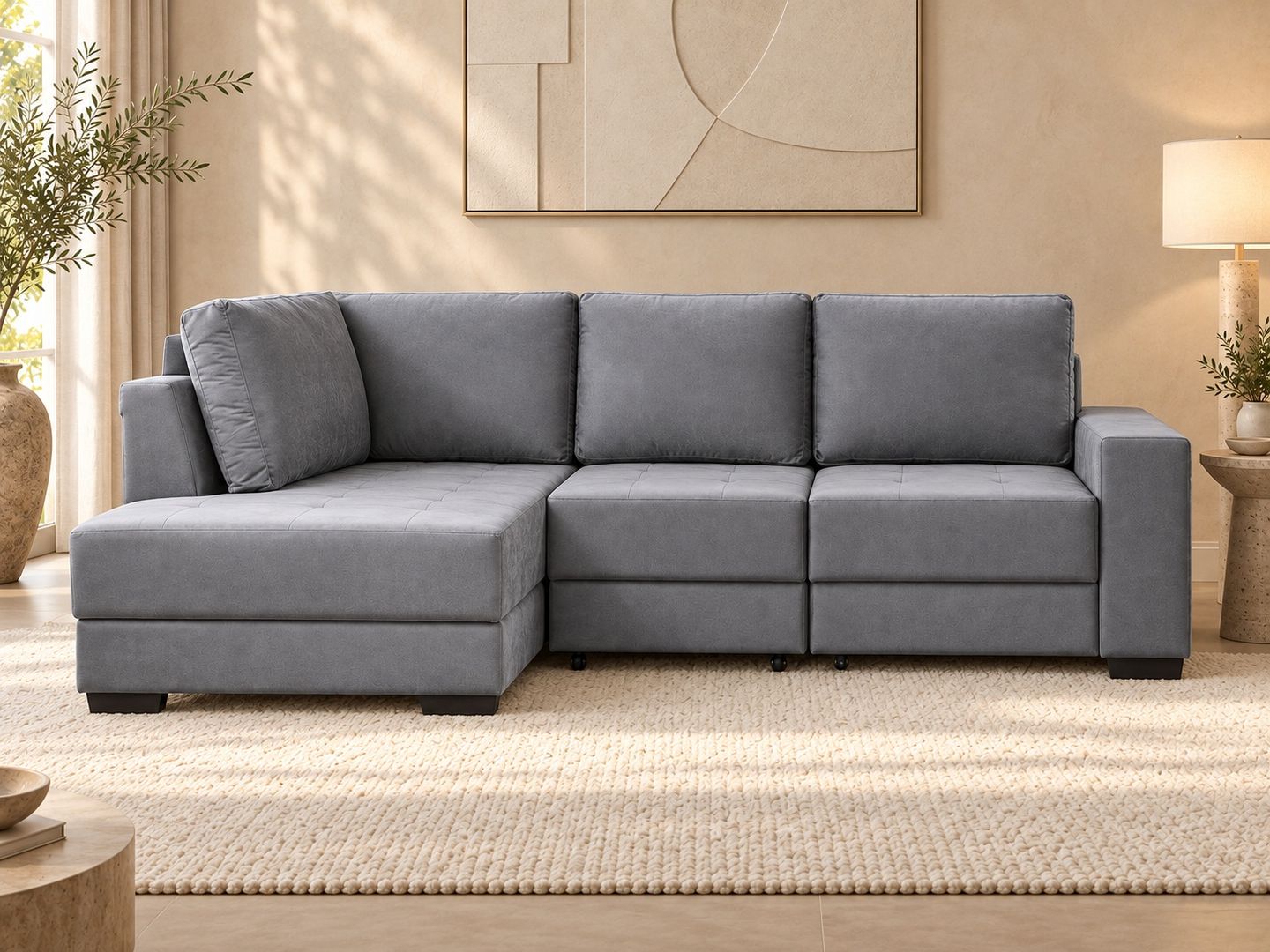 Marselha cinza em ambientação ilustrativa frontal centralizada. Chaise à esquerda de quem olha. Decoração não inclusa.