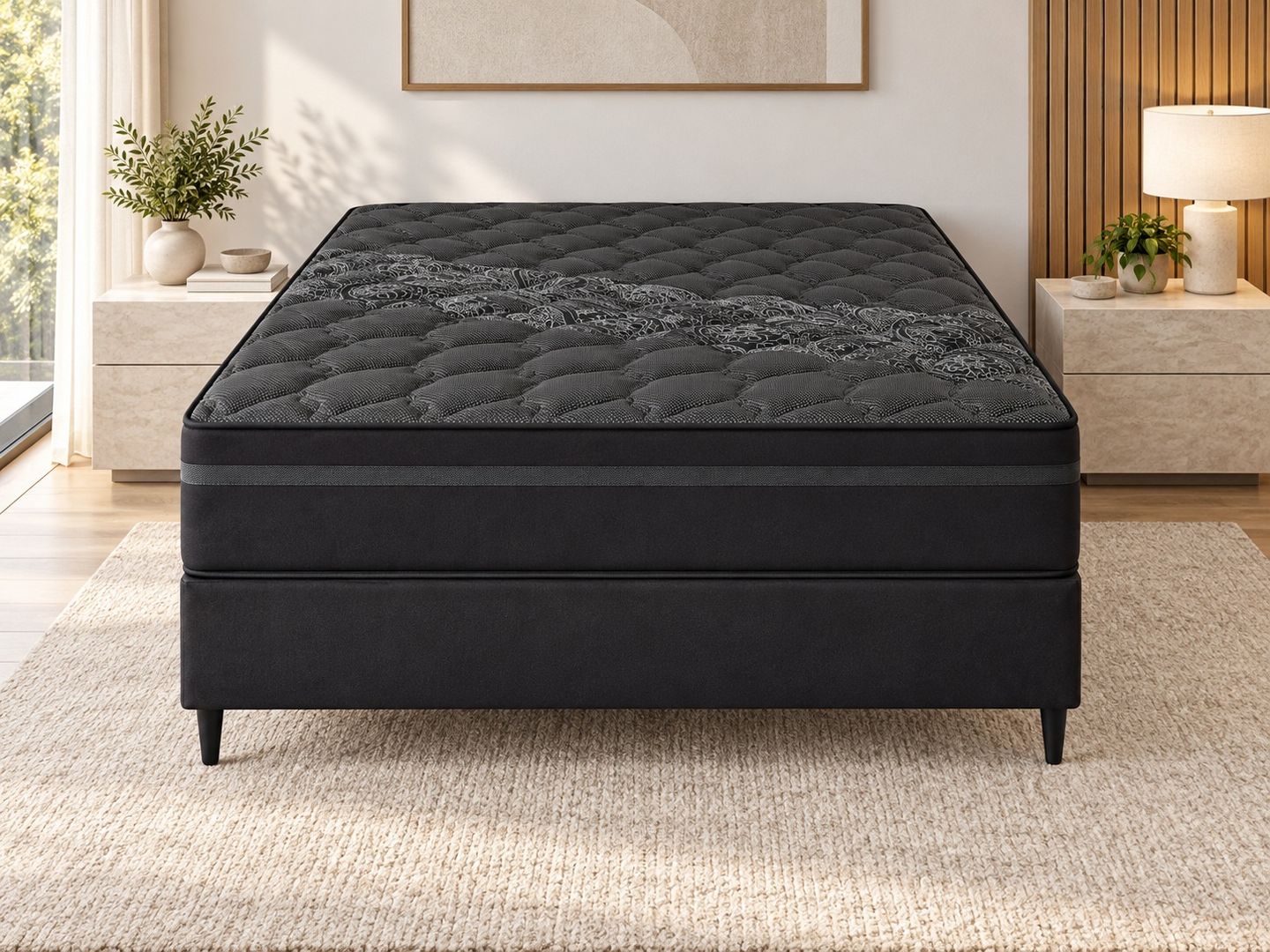 Conjunto Troy Black com Box Extra Firme 32cm D29 Ortopédico 180kg por pessoa em ambiente