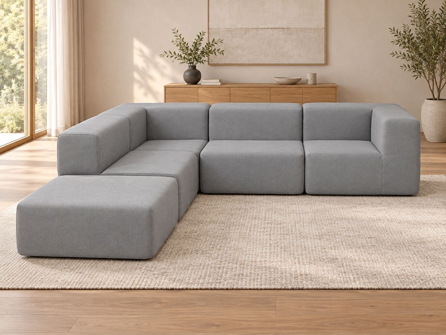 Sofá Modular Nara Komfort In Box 4 lugares com 1 puff em L em ambiente